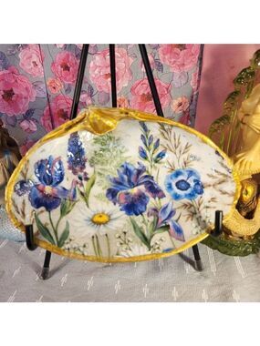 DECOUPAGE CLAM SHELL DECOUPAGE FLOWERS TRINKET DISH